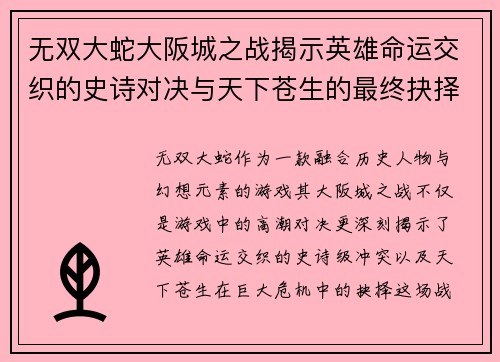 无双大蛇大阪城之战揭示英雄命运交织的史诗对决与天下苍生的最终抉择